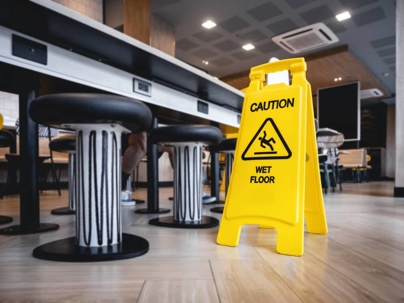a wet floor sign in a business
