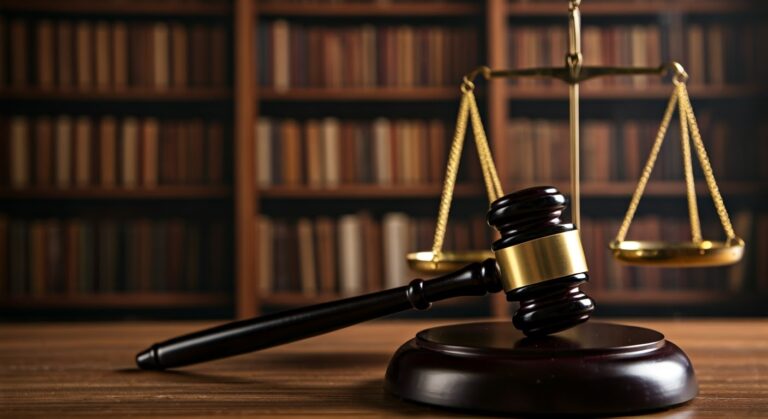 gavel in front of legal scales and bookshelf