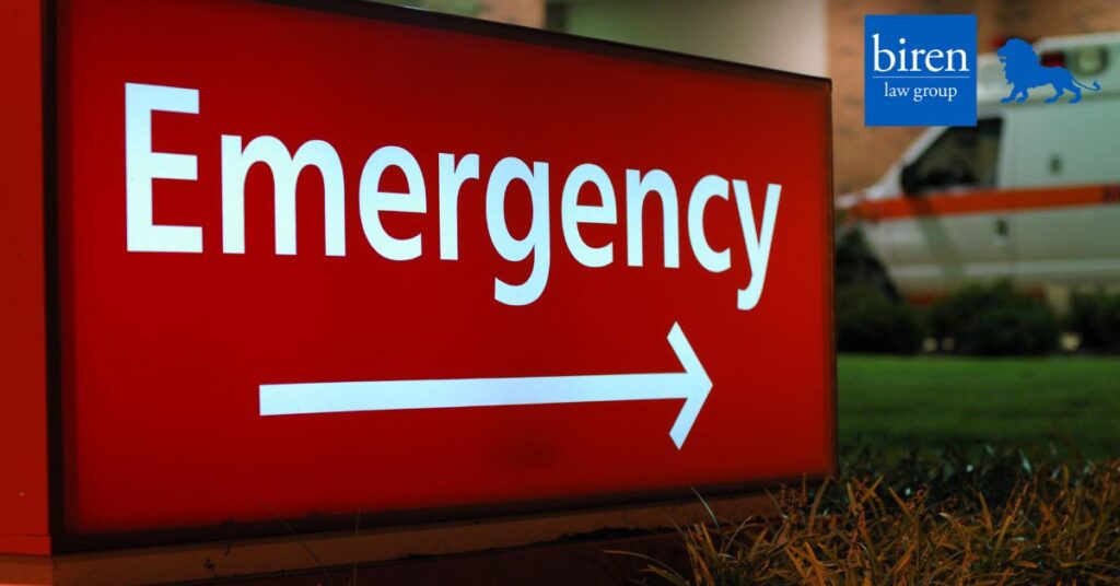 Red emergency sign with arrow.