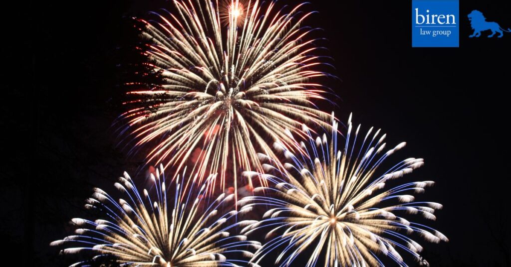 Fireworks bursting in sky.