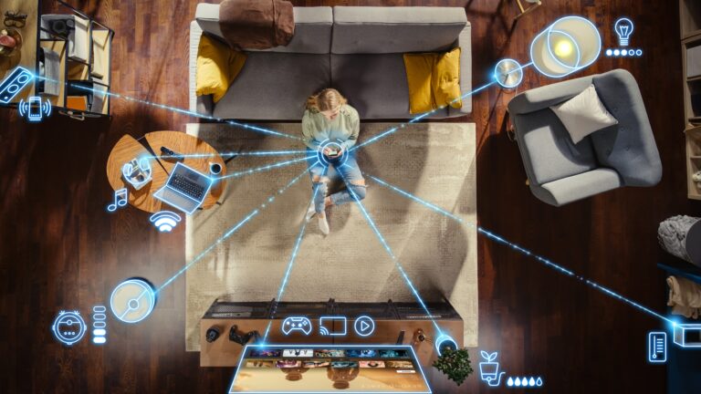 Woman connected to multiple smart home devices