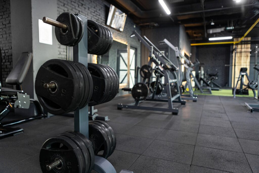 Gym equipped with weights and various exercise machines