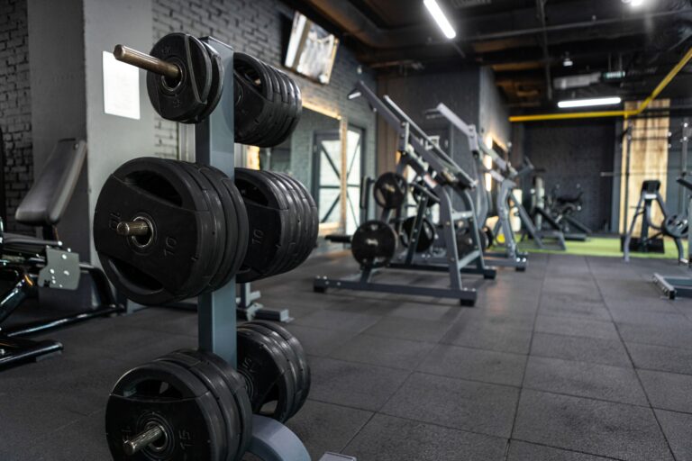 Gym equipped with weights and various exercise machines